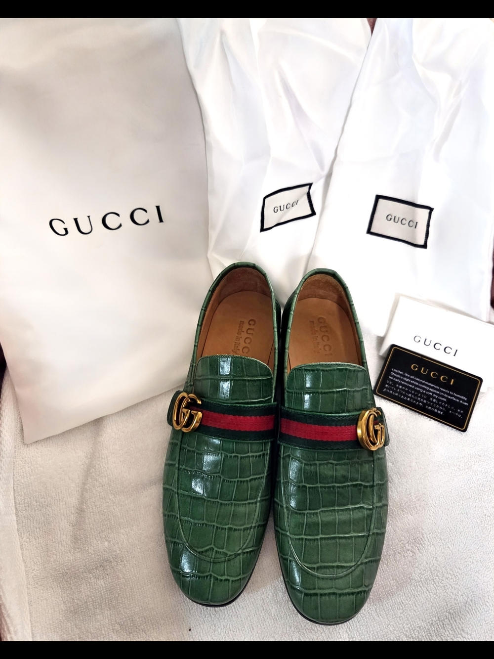 Gucci Green Crocodile-Embossed GG Web Loafers with Gold Hardware